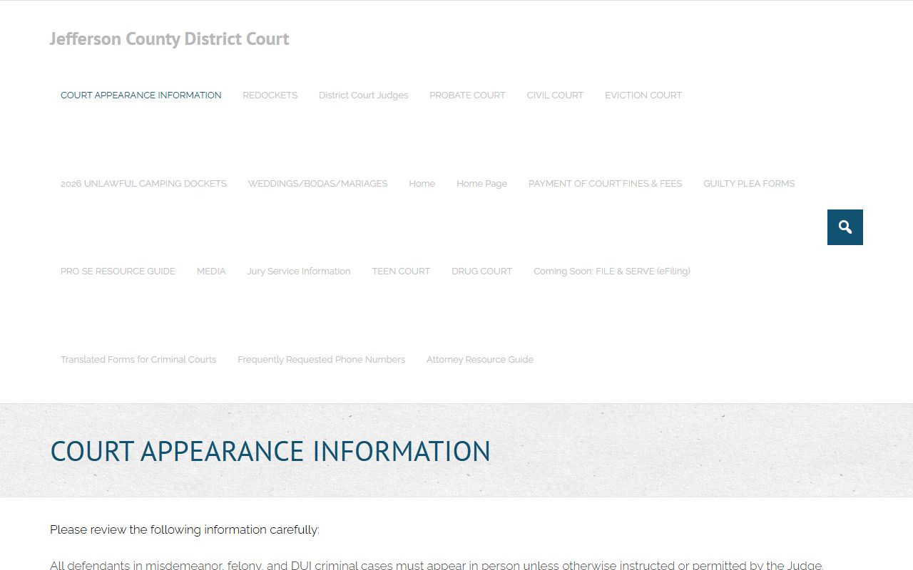 Jefferson District Court appearance information page