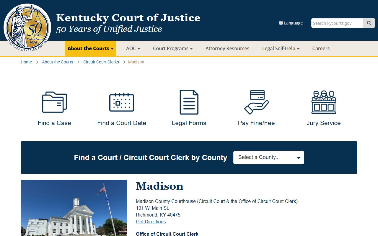 Madison County Kentucky court information page for traffic court records