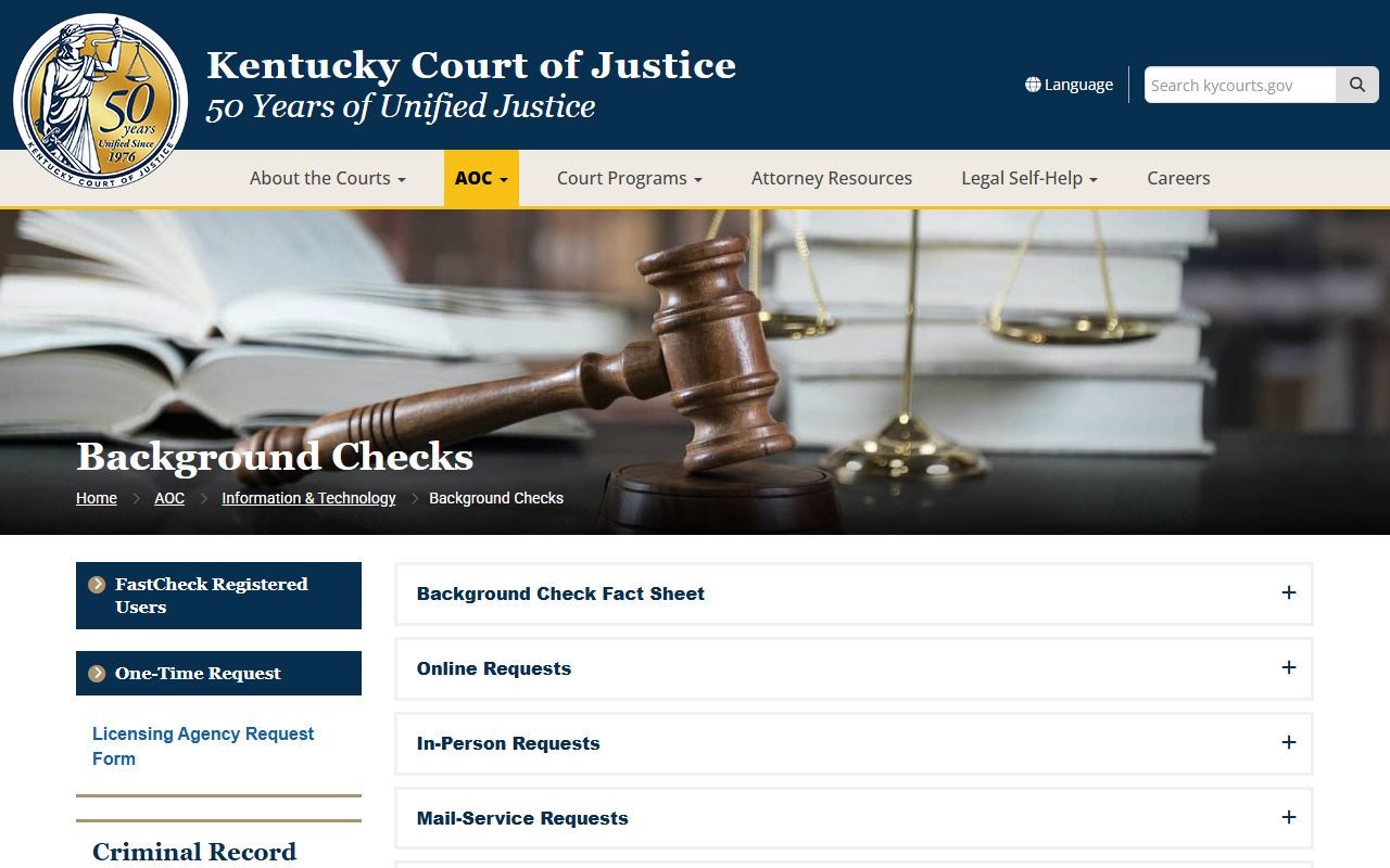 Kentucky background checks page for criminal and traffic records