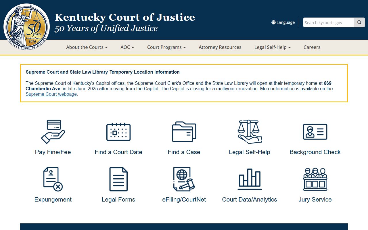 Kentucky Court of Justice homepage providing access to traffic court resources
