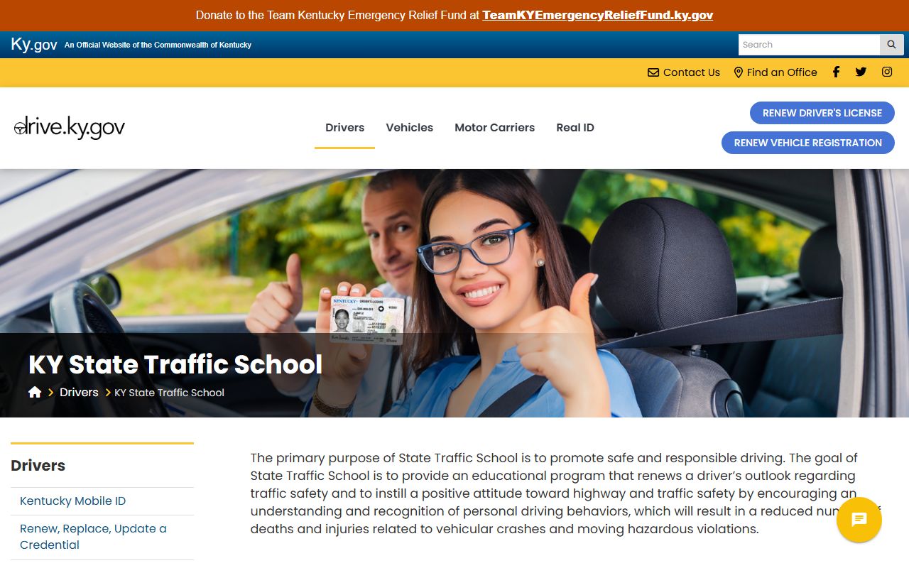 Kentucky State Traffic School information and registration page