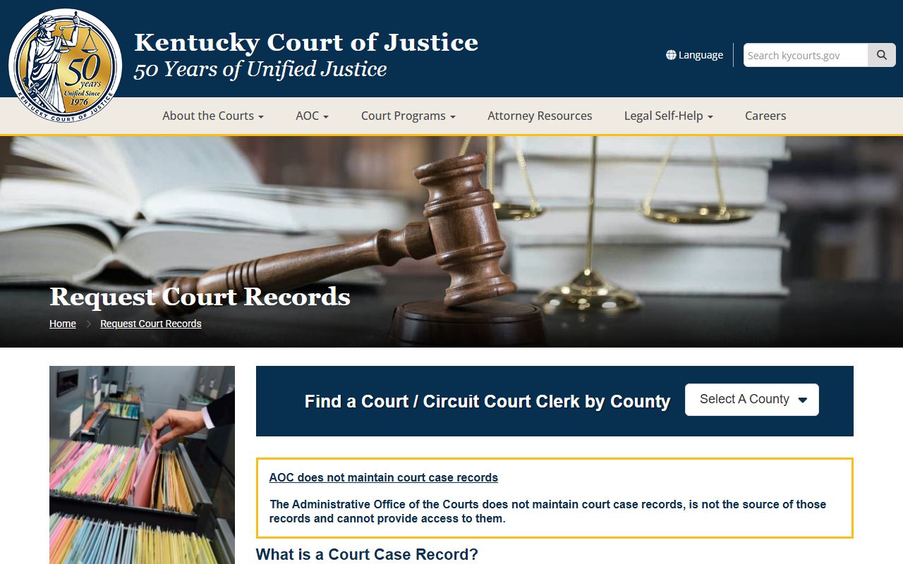 Kentucky court records request page with instructions